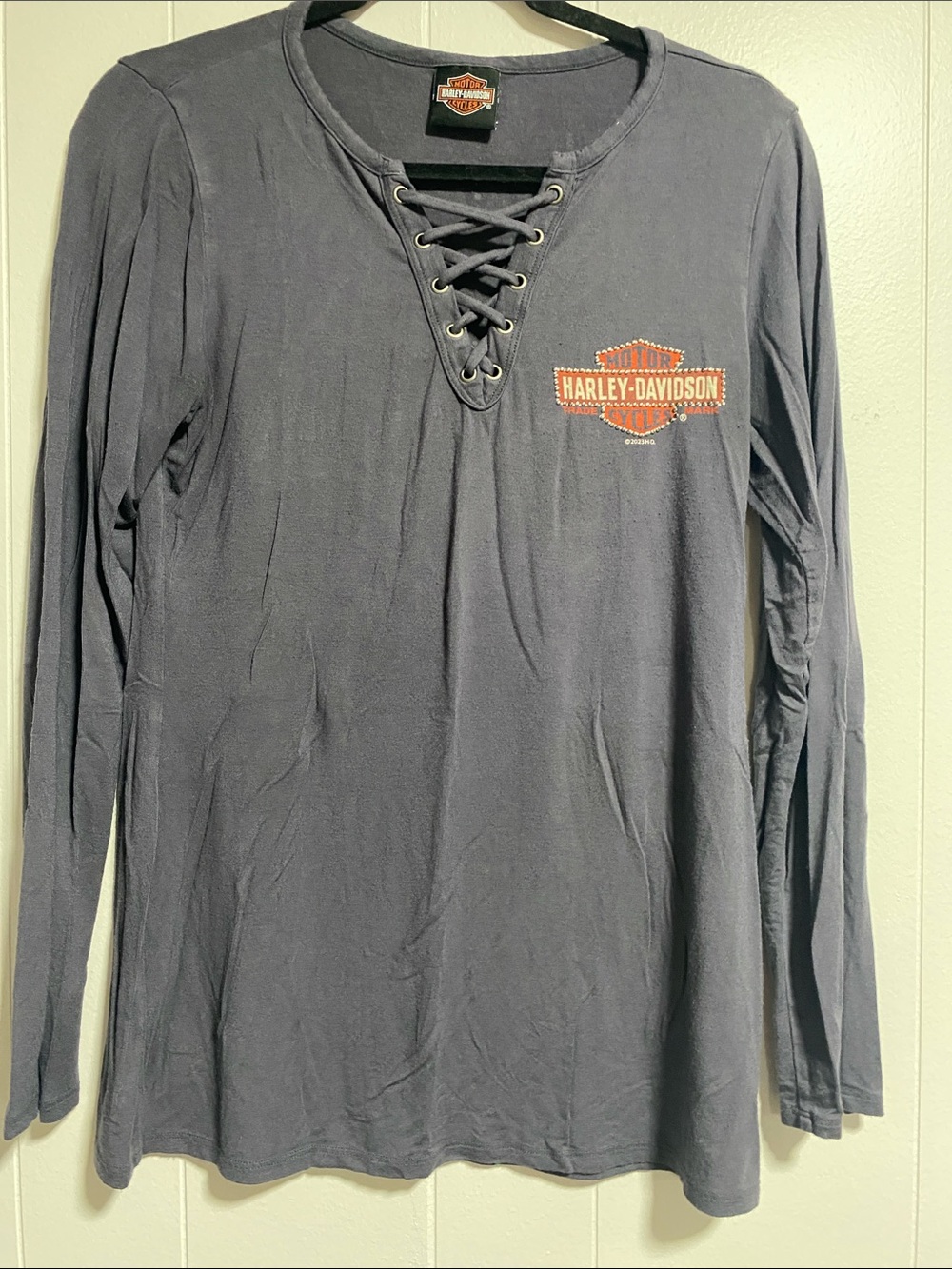 Harley-Davidson Charcoal Lace-Up Long Sleeve Shirt with Orange Logo 
Very soft